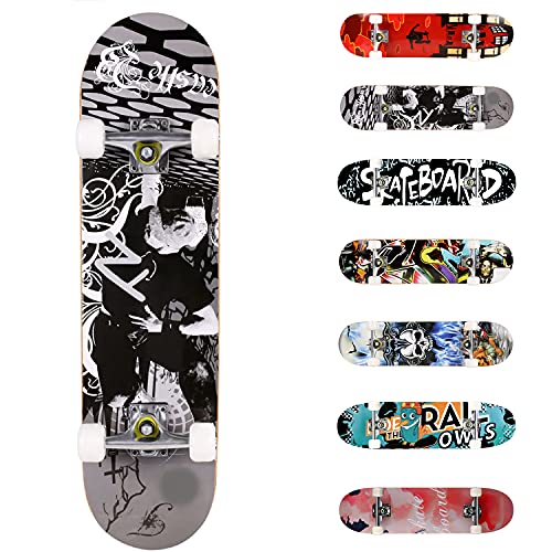 Weskate Rutschfestes,komplettes konkaves Skateboard mit 7-lagigen Double Kick PU-Rädern für Anfänger Black and White