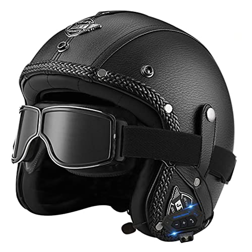 Bluetooth Jethelm mit Visier Retro Pilotenhelm Qualität nach ECE-Norm Roller-Helm für Frauen und Herren im Vintage-Look, Motorrad-Helm mit Schutzbrille F,L