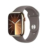 Apple Watch Series 9 (GPS + Cellular, 45 mm) Smartwatch mit Edelstahlgehäuse in Gold und Sportarmband M/L in Tonbraun. Fitnesstracker, Blutsauerstoff und EKG Apps, Always-On Retina Display