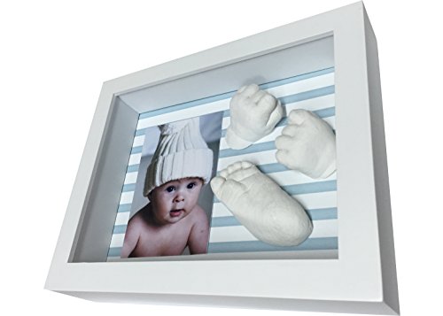 3D Abdruck Baby mit Bilderrahmen Holz, Fotorahmen Tief mit Glas, Abdruck Baby Hand und Fuß, Perfektes Geschenk für Baby Born (Blaue Streifen, 25 x 20 x 5 cm)