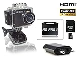 HD PRO 1 Action Cam Kofferset (Full HD, 60 Bilder/Sek., 5 Mpixel, 1,5 Zoll LCD Display) Komplett-Set inkl. 1x Hard-Case Koffer + 1x 32GB SDHC Class 10 Speicherkarte + 1x USB-Ladenetzteil