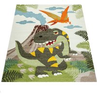 Paco Home Kinderzimmer Teppich Grün Dinosaurier Dschungel Vulkan 3-D Effekt Kurzflor, Grösse:Ø 133 cm Quadrat