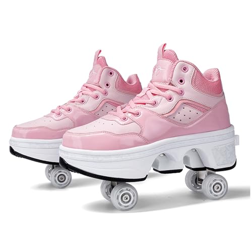 2-in-1 Roller Skates Schuhe Sneaker Unisex Retractable Räder Outdoor Sports Skating Invisible Roller Skates Mädchen Frauen Pink-33EU=213MM