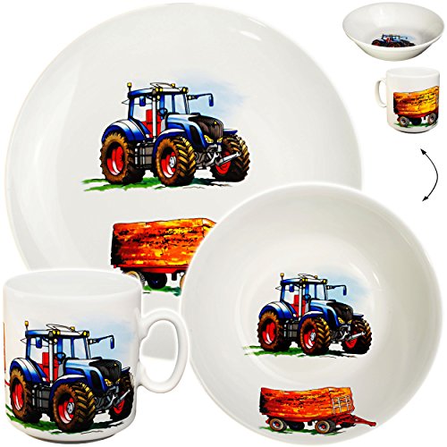alles-meine.de GmbH 3 TLG. Geschirrset _ großer Teller / Kinderteller + Schüssel + Henkeltasse - Traktor - Trecker mit Anhänger - Bauernhof - aus Porzellan / Keramik - Tasse ..