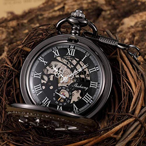 Bronze Silber Mechanische Taschenuhren Herren SteamSkeleton Uhren Clip Kette Uhr Geschenke für Männer Taschenuhr Geschenke für Familie (Schwarz)