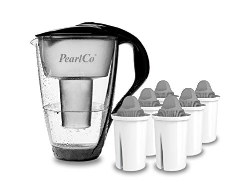 PearlCo - Glas-Wasserfilter (schwarz) mit 3 Protect+ classic Filterkartuschen (f. hartes Wasser) - passt zu Brita Classic