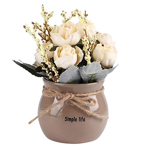 Starbun Künstliche Blumen - Keramik Vase Künstliche Seide Rose Blume Topf Home Desktop Dekoration Ornament Weiß