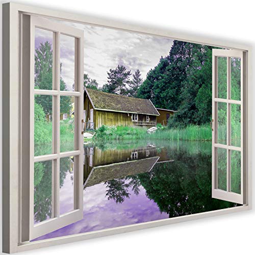 Bild auf Leinwand Fensterblick Kunstdruck Modern Landschaft Häuschen Grün 90x60 cm
