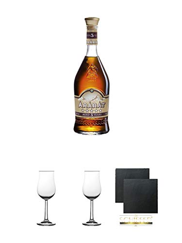Ararat 5 Sterne Brandy 0,5 Liter + 2 Bugatti Nosing Gläser mit Eichstrich 2cl und 4cl + 2 Schiefer Glasuntersetzer eckig ca. 9,5 cm Ø