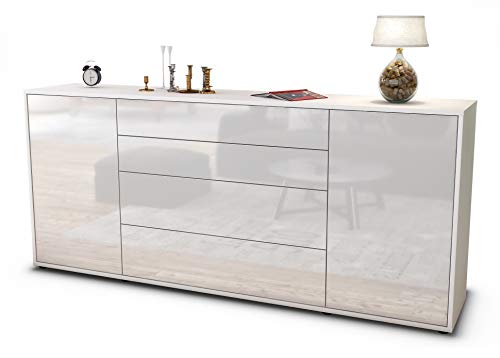 Stil.Zeit Sideboard Elettra - Korpus Weiss matt - Front Hochglanz Weiß (180x79x35cm) Push-to-Open Technik & Leichtlaufschienen