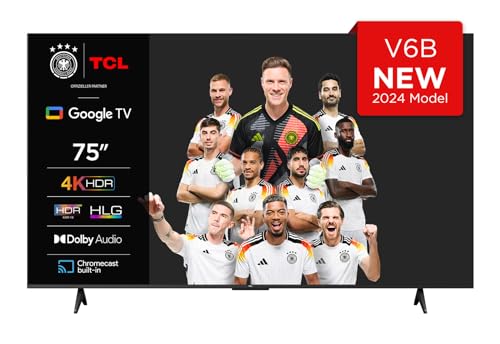 TCL 75V6B 75 Zoll, 4K Ultra HD, HDR TV, Smart TV unterstützt von Google TV (Dolby Audio, Motion Clarity, Sprachsteuerung, Kompatibel mit Google Assistant, Chromecast eingebaut