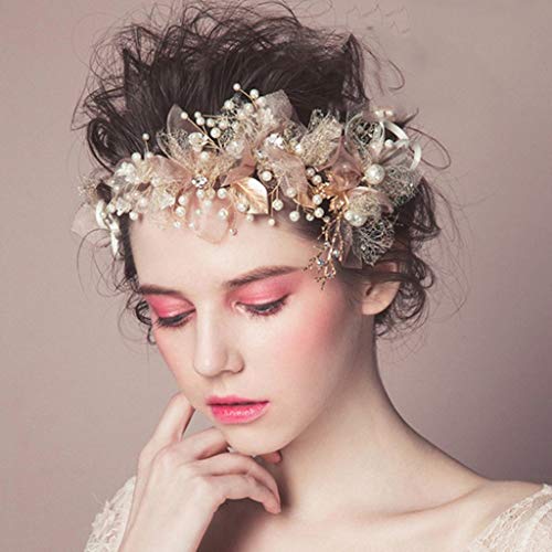 Wunderschönes rosa Perlen-Blumen-Haarband mit goldfarbenen Perlen, Blatt-Stirnband, Perlenkopf, Schmuck, Kristall-Tiara, Brautschmuck, Hochzeitszubehör