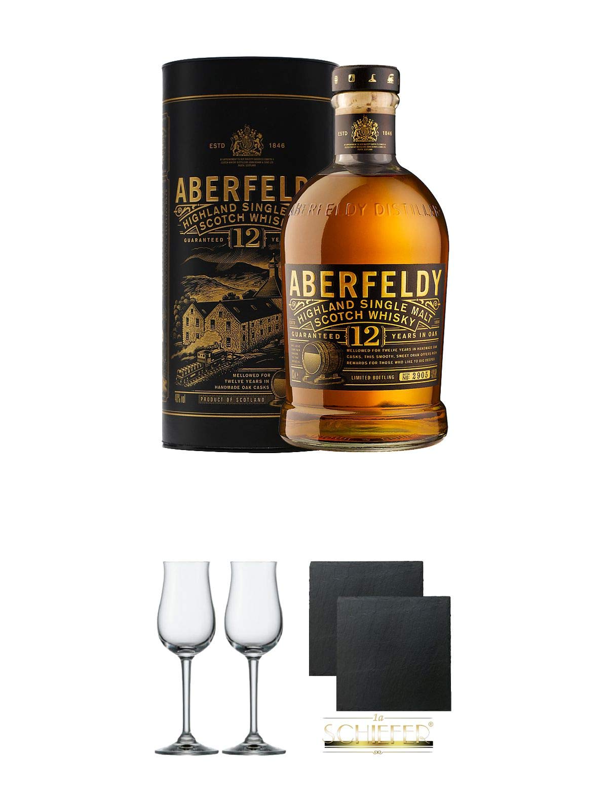 Aberfeldy 12 Jahre neue Ausstatung Single Malt Whisky 0,7 Liter + Stölzle Nosingglas für Destillate 2 Gläser - 2050030 + Schiefer Glasuntersetzer eckig ca. 9,5 cm Ø 2 Stück