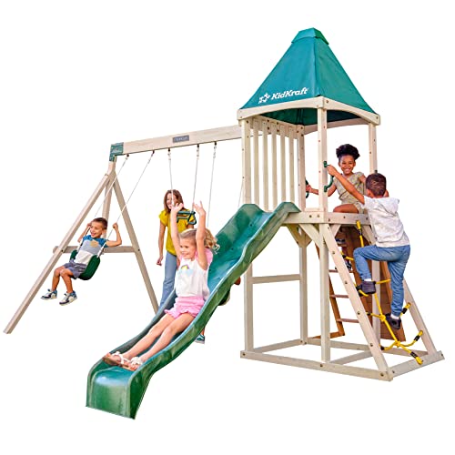 KidKraft F29550E Emerald Challenge Wooden Set (FSC) Slide, Swing, Climbing Wall with Net Climber Garden | Outdoor Play Tower for Kids, für Kinder