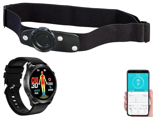 Newgen Medicals Fitnessband: Fitness-Smartwatch mit Brustgurt, EKG, Blutdruck, SpO2, App, IP67 (Smartwatch-Fitnessuhren, Smartwatch Blutdruck Puls EKG, Senioren Handy)