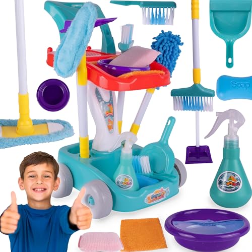 Malplay Trolley-Reinigungsset mit Zubehören | Bürstensprüher | Besenwagen Spielzeug mit Zubehör | Kinderspielzeug für Kinder ab 3 Jahren
