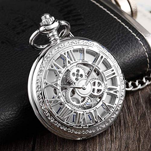 Bronze Silber Mechanische Taschenuhren Herren SteamSkeleton Uhren Clip Kette Uhr Geschenke für Männer Taschenuhr Geschenke für Familie (Silber)