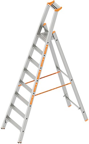 Layher 1064008 Stufenstehleiter einseitig begehbar Topic mit 8 Breiten Stufen, Aluminiumleiter klappbar mit Podest, Länge 2.70 m