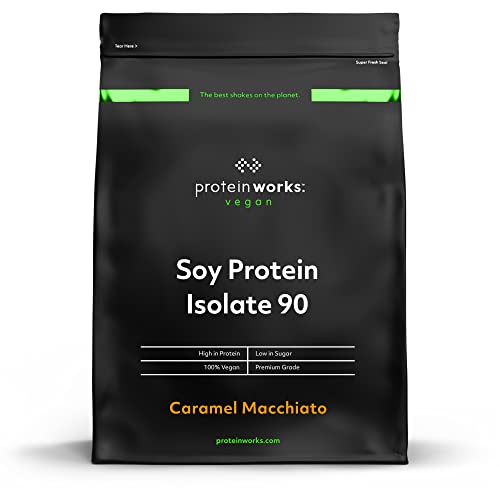 THE PROTEIN WORKS Soja Protein 90 Isolat, Caramel Macchiato, 100% Vegan, aus nachhaltigen Anbau, Fettarm, ohne Zuckerzusatz, Glutenfrei, 2 kg