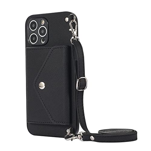 HHBYLEEE- Hülle für iPhone 14 13 12 Mini 11 Pro XS MAX XR X 7 8 6s Plus SE 2020 Cover Crossbody Schultergurt Brieftasche Kartenhalter Ständer Pho(Farbe:Schwarz Größe:für IP XS)