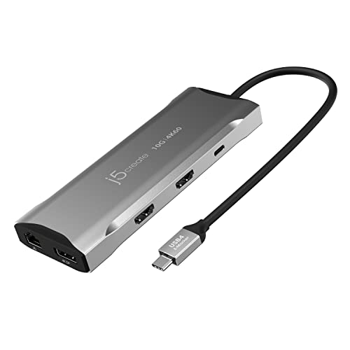 j5create USB C 4K Triple Display Hub - 4K HDMI x2, 4K DP, 2 USB-A und USB-C 10Gbps, PD 100W, Ethernet, SD 4.0 Kartenleser | für XPS, Surface Pro (JCD397)