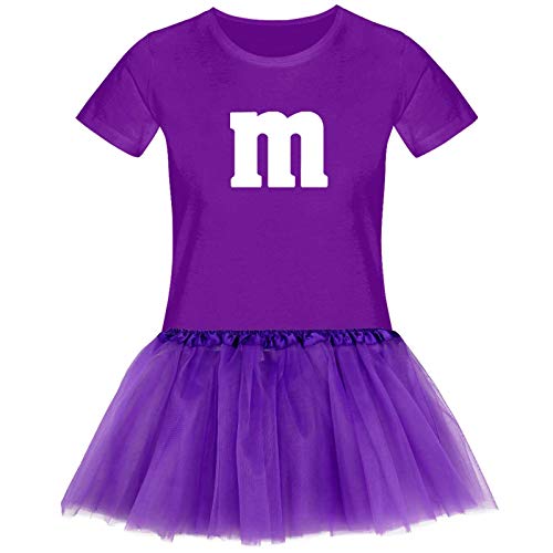 T-Shirt M&M + Tüllrock Karneval Gruppenkostüm Schokolinse 11 Farben Damen XS-3XL Fasching Verkleidung M's Fans Tanzgruppe, Größenauswahl:3XL, Farbauswahl:lila - Logo Weiss (+Tütü lila)