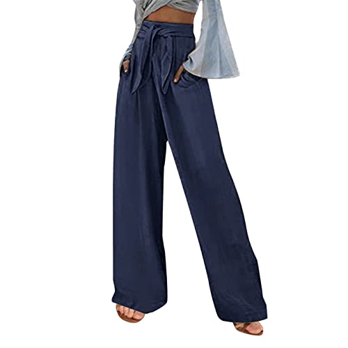 Brong Damen Leinenhose Elastische Hohe Taille Bequeme Strandhose mit Taschen, B-marineblau, M