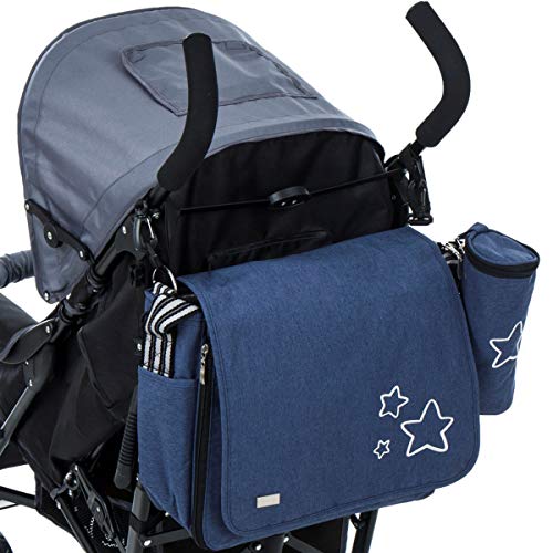 Wickeltasche (+ Wickelunterlage und isolierter Getränketasche) Baby Tasche für Kinderwagen Buggy (Marine Melange)