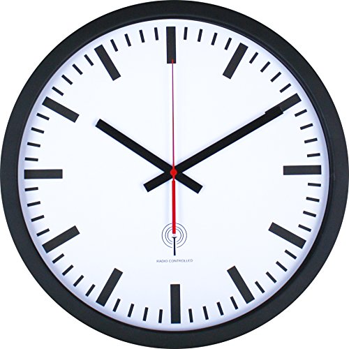 Eurotime Funkwanduhr, 40 cm, Edelstahlgehäuse Schwarz, Echtglas, Bahnhofszifferblatt, automatische Zeitein- und Zeitumstellung, Wanduhr für Wohnbereich oder Büro, rote, nur für Innen, 56862-05