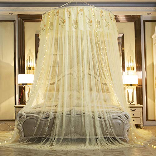 GroßE Prinzessin Moskitonetz mit LED-Lichterkette, Kuppel Spitze Bett Baldachin Mückenschutz zum Single zu King Size Betten Ideal für Schlafzimmer Dekorative-Gelb