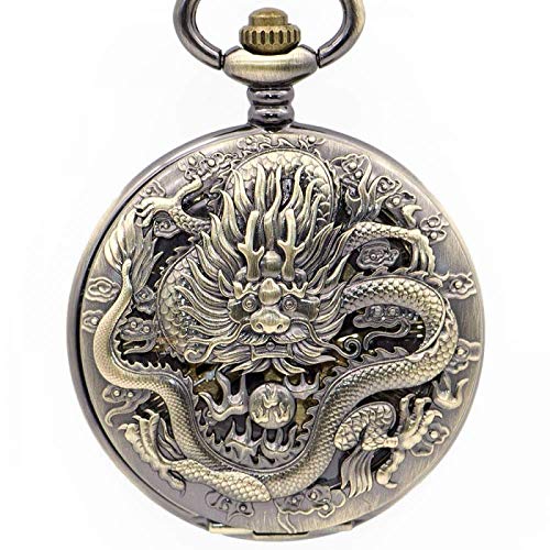 Bronze Mechanische Taschenuhr Drache Gravierte Uhr Halskette Handaufzug Herrenuhren mit Kettentaschenuhr