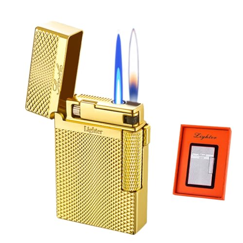 Butan aufblasbares winddichtes Doppelflammen-High-End-Schleifrad-Zigarettenanzünder, stahlfarbenes Metallfeuerzeug, verstellbares Flammenfackelfeuerzeug, for Männer (Farbe : Gold1