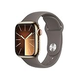 Apple Watch Series 9 (GPS + Cellular, 41 mm) Smartwatch mit Edelstahlgehäuse in Gold und Sportarmband S/M in Tonbraun. Fitnesstracker, Blutsauerstoff und EKG Apps, Always-On Retina Display