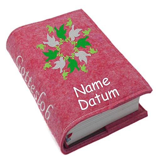 Gotteslob Gotteslobhülle Hülle Tauben grün Filz mit Namen bestickt Einband Umschlag personalisierte Gesangbuchhülle, Farbe:pink meliert