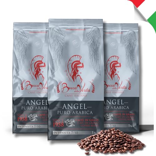 BOCCA DELLA VERITA® - Italienische Kaffeebohnen, Aroma ANGEL 100% ARABICA, 3 Packungen mit 1 kg, Natürlich und handwerklich gerösteter Kaffee, 100% Made in Italy, Rainforest und UTZ zertifiziert