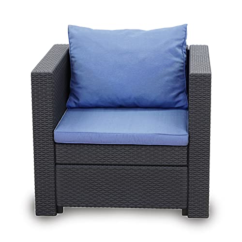 Keter – Loungesessel Rattan-Optik in Anthrazit inkl. passendem Sitz- & Rückenkissen in blau - Rattansessel für Balkon, Garten und Terrasse - Produktmaße: T65xB68xH77