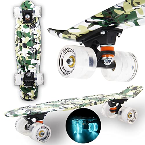 WeLLIFE Skateboard Mini Cruiser RGX Skateboard 22" 56cm für Jugendliche Erwachsene, helle Räder PU 78A mit LED-Blitzlicht ABEC-7RS ... (Military)