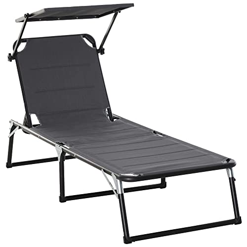 Outsunny Gartenliege Alu Sonnenliege mit Dach Stoffliege Relaxliege 5-Fach verstellbar ergonomisch Texteline Dunkelgrau 164 x 66 x 84,5 cm