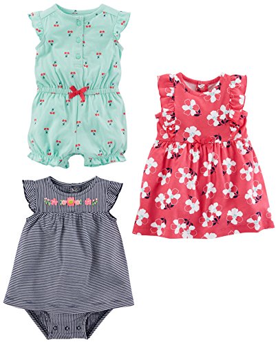 Simple Joys by Carter's Baby Mädchen Strampler, Sonnenanzug und Kleid 3er-Pack ,Mint Cherries/Navy Stripe/Pink Floral ,0-3 Months