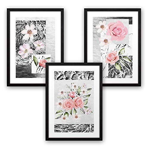 3-teiliges Premium Poster-Set | Kunstdruck | rosa Blüten | Deko Bild für Ihre Wand | optional mit Rahmen | Wohnzimmer Schlafzimmer Modern Fine Art | DIN A4 / A3 (A3, schwarzer Rahmen)