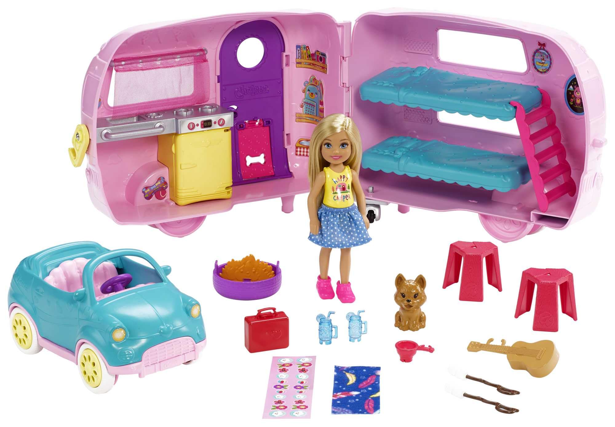 Barbie Chelsea Serie, Chelsea Auto und Camper Set mit 10+ Barbie Camping Accessoires, 1x Chelsea Puppe, Teal Auto und Pink Mini Camper, Geschenke für Kinder ab 3 Jahren,FXG90