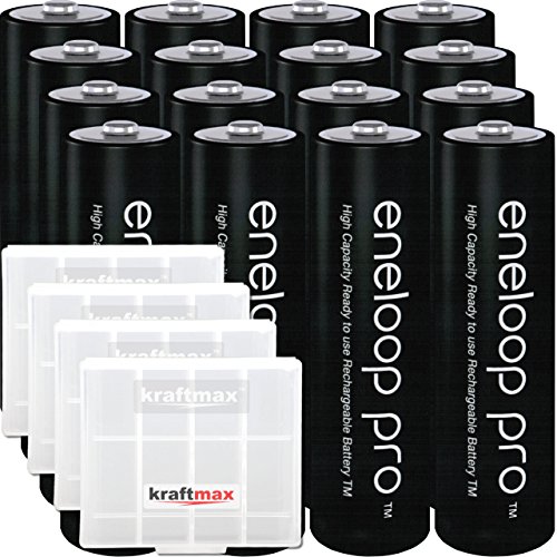Kraftmax 16er-Pack Panasonic Eneloop PRO XX AA / Mignon Akkus - Neueste Generation - 2500 mAh Hochleistungs Akku Batterien in Kraftmax Akkubox V5, 16er Pack