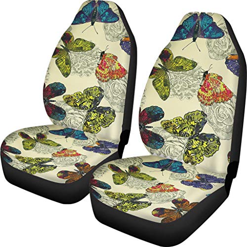 Binienty Schmetterlings-Autozubehör für Frauen, Geschenk-Set, 2 Stück, dehnbar, bequem, Autositzbezug, Schutzkissen, buntes Schmetterlings-Druck