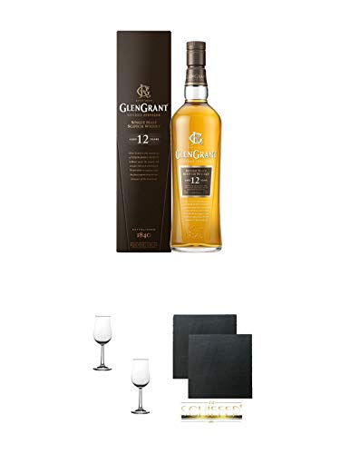 Glen Grant 12 Jahre Single Malt Whisky 0,7 Liter + Nosing Gläser Kelchglas Bugatti mit Eichstrich 2cl und 4cl - 2 Stück + Schiefer Glasuntersetzer eckig ca. 9,5 cm Ø 2 Stück