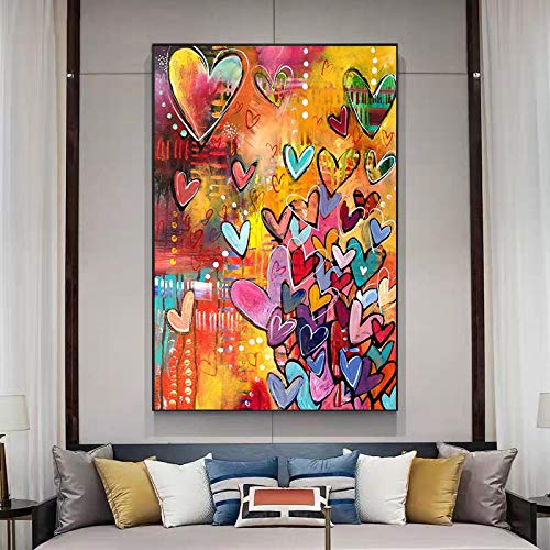 Street Graffiti Art Bunte Liebesherzen Leinwand Gemälde Poster und Druck Wandkunst Bild für Wohnzimmer Wohnkultur 80X120cm (31x47in) Rahmenlos