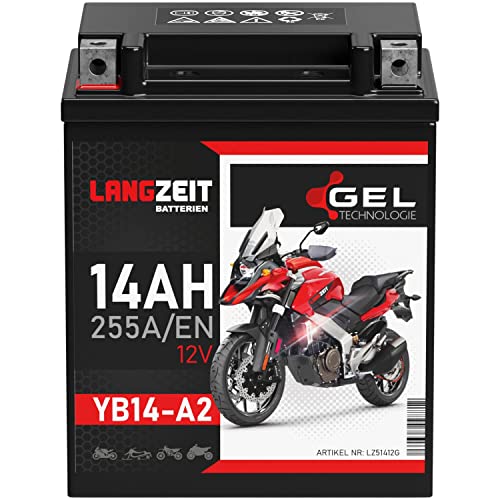 LANGZEIT YB14-A2 Motorradbatterie 12V 14Ah 255A/EN GEL Batterie 12V 51412 CB14-A2 FB14-A2 6Y4P doppelte Lebensdauer vorgeladen auslaufsicher wartungsfrei