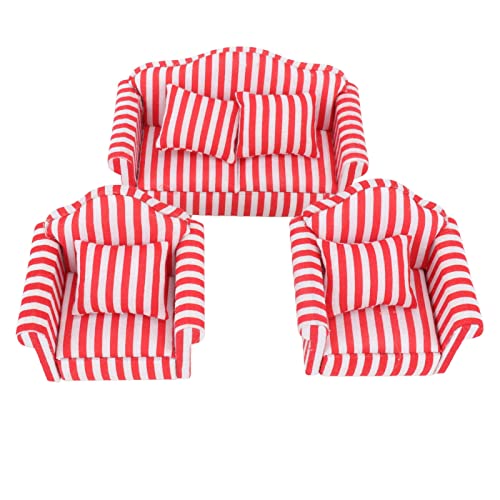 BusoTh Miniatur-Sofa, 3-teiliges Puppenhaus-Sofa, Heller Farbstreifen, Zarte, Feine Verarbeitung Zur Dekoration (Rot)