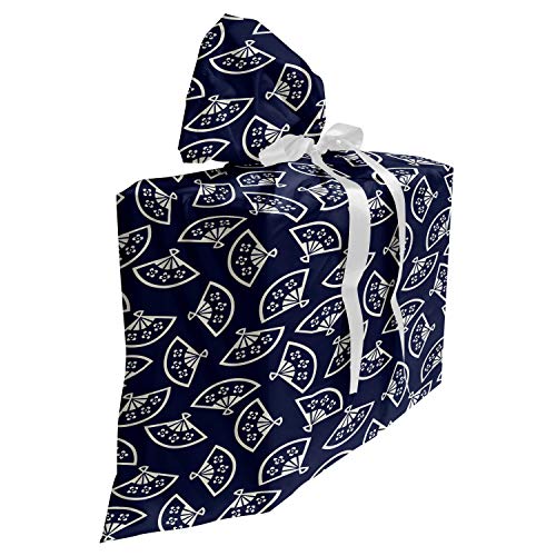 ABAKUHAUS Geometrisch Baby Shower Geschänksverpackung aus Stoff, Fan-Muster, 3x Bändern Wiederbenutzbar, 70 x 80 cm, Dark Blue Creme