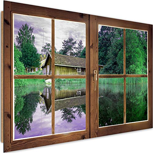 Feeby Wandbild XXL Fensterrahmen Deko Kunst Bilder Landschaft Häuschen Grün 120x80 cm
