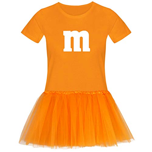 T-Shirt M&M + Tüllrock Karneval Gruppenkostüm Schokolinse 11 Farben Damen XS-3XL Fasching Verkleidung M's Fans Tanzgruppe, Größenauswahl:M, Farbauswahl:orange - Logo Weiss (+Tütü orange)